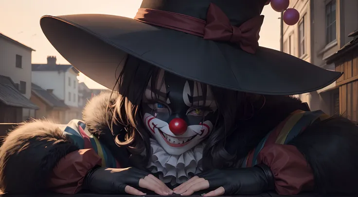 Clown in a hat、smiling mask、Dark residential area、Shadow stretching、Fur collar、Dark color outfit、full bodyesbian