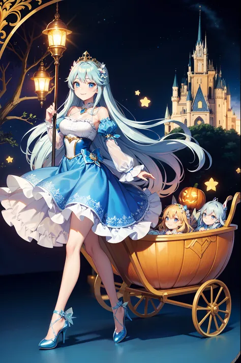 Pumpkin carriage，（Pumpkin carriage on background），Fairy World，Stained glass background、one girls，adorable smiling, Cinderella，Light blue long hair, Twin-tailed,Long Blue Crystal Dress，Moonlight，Long steps，Crystal Shoes，