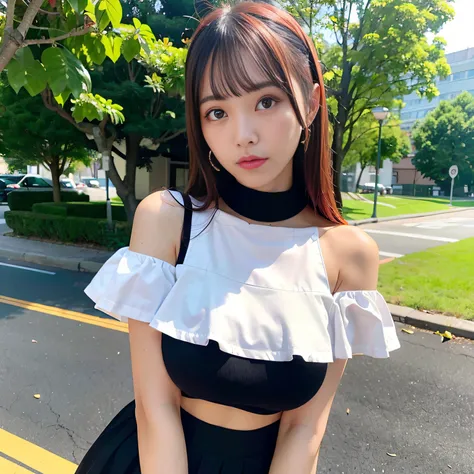 top-quality、超A high resolution、(Photorealsitic:1.4)、女の子1人、Off-shoulder white shirt、Black tight skirt、Black choker、(Bright orange hair1)、(huge-breasted:1.2)、looking at viewert、a closeup、