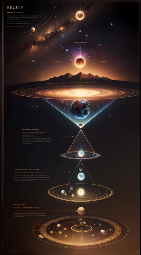 Mount Meru，Hierarchical diagram of multi-layered universes，Detailed chart annotations，Triangle boundary，Mysticism dividing line，Planetary hierarchy，Surrounded by stars，Star chart，Detailed details are plentiful，Display the chart symmetrically，Alchemy Univer...