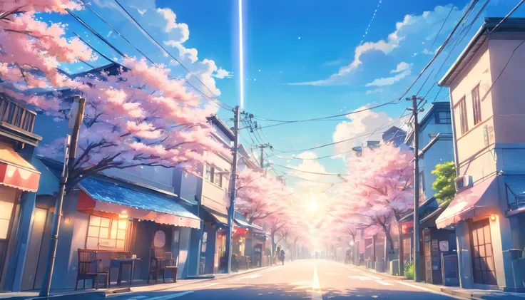 (Masterpiece:1.4), Best Quality, 4K, (Blue sky:1.4), (Japan Street), Blue Filter, Sun Glare, Cloud, Summer Seasons, cherry blossoms particles, depth of field, small city with electric pole