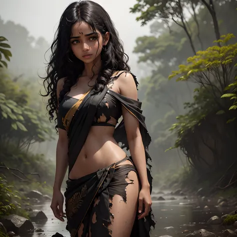 Indian girl, black curly hair, (((torn Saree))), random nudity all over body, sweat, carrying knife, forest, strong winds, heavy rain, high definition quality photo, ultra realistic, Detail texture, correct hands, correct fingers