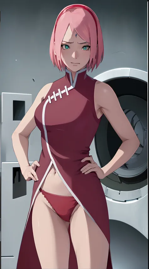 masterpiece, absurdres , (intricate details), (colorful),cinematic lighting,bust shot,extremely detailed CG unity 8k wallpaper,1girl, haruno sakura,red hairband,forehead mark,washing machine,red sleeveless dress, hand on hip, angry, pov,navel, panties, bot...