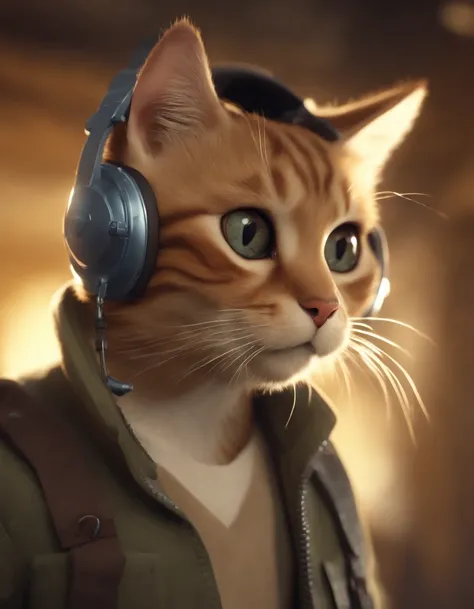 ((Best quality, 8K, Masterpiece: 1.4)),((Amazing detail: 1.3)),((illustration, Hairstyle Casual: 1.2)),((high resolution: 1.1)), A cute cat standing, headset on head, Tactical coat, Fashionab, Soft light, Colorful, Depth of field, Cinematic lighting, From ...