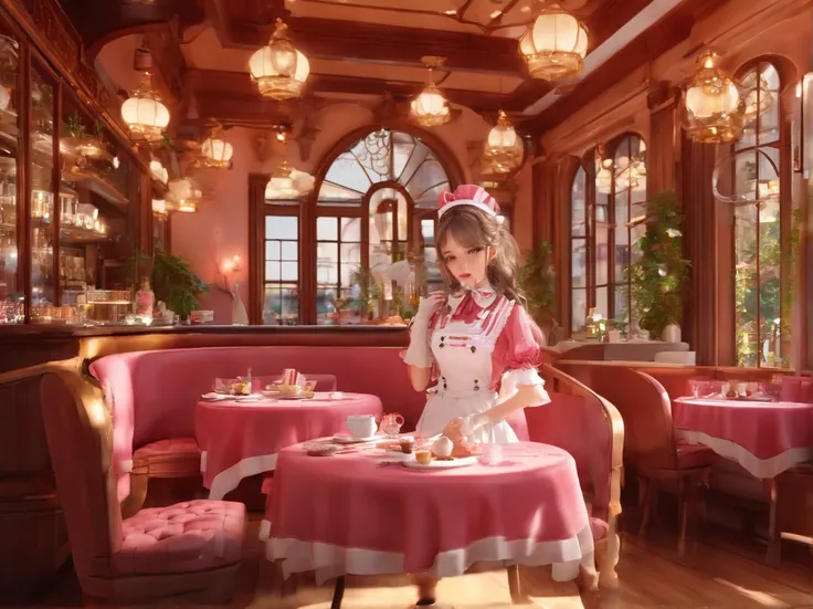 {{Fashionable and cute maid café,inside restaurant}},Beautiful scene,during daytime,No humans,no Animal,