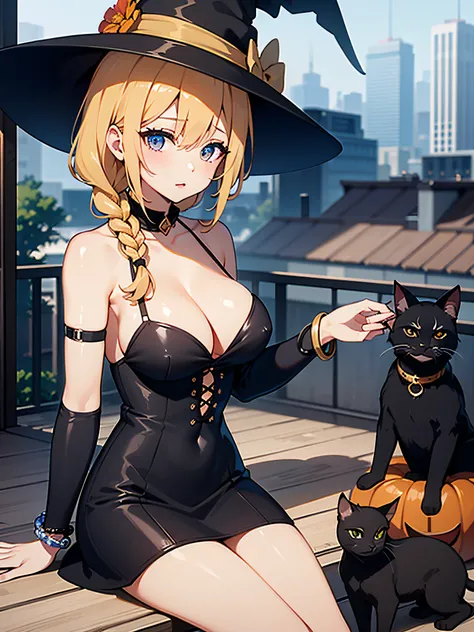 in 8K、top-quality、​masterpiece、ultra-detailliert、Ultra-high resolution、((1 persons))、girl with、Halloween、witchs hat、a blond、Braided hair、Black Dress、bare shoulders​、cleavage of the breast、makeups、eyeshadows、A bracelet、A bustling city、Sit on the roof、Black ...