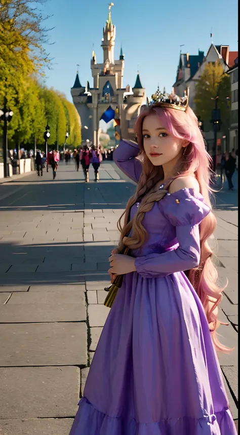 Disney Princess Rapunzel, with purple dress and long golden hair, in her background german flag waving and Brandenburg Gate and Neuschwanstein Castle, rise against the horizon