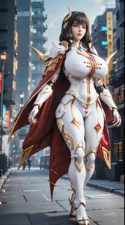 1GIRL, SOLO, (black hair, hair gold ornament), (HUGE FAKE BOOBS:1.3), (white, red, gold, FUTURISTIC DRAGON MECHA ARMOR SUIT, ROYAL CAPE, CLEAVAGE:1.5), (SKINTIGHT YOGA PANTS, HIGH HEELS:1.2), (NSFW GLAMOROUS BODY, SEXY LONG LEGS, FULL BODY:1.3), (FROM FRON...