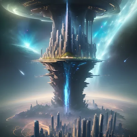 Space City、Futuristic cities、floating in the universe、ＳＦart by，cyberpunked、The streets are lined with skyscrapers、A space station、Skyscrapers towering through the clouds，top-quality、​masterpiece、dream、utopian、planet earth、World of Dreams、Fantasia、𝓡𝓸𝓶𝓪𝓷𝓽𝓲𝓬、...