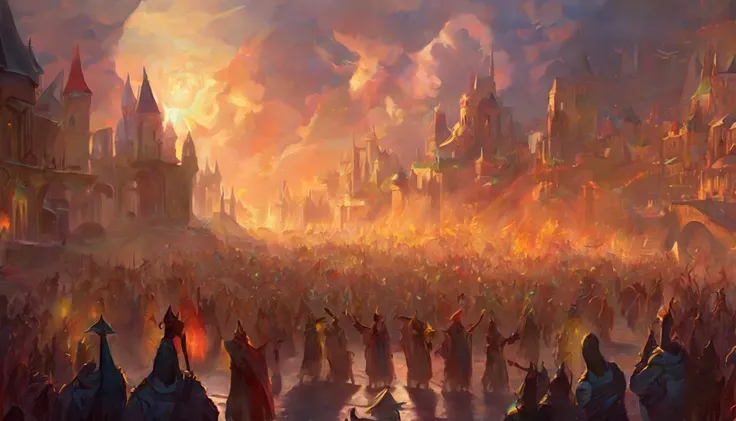 Crowd of orcs, crowd of zombies, flying demons, rainbows, city on fire,