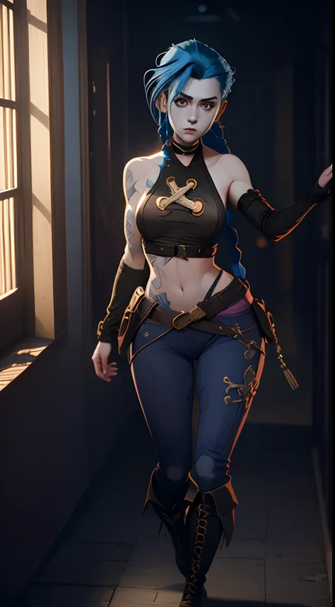 jinx's character design, dynamic movements, naked ass, bare breast, covers the chest with his hands, swollen ,  butt, kitty, sex...