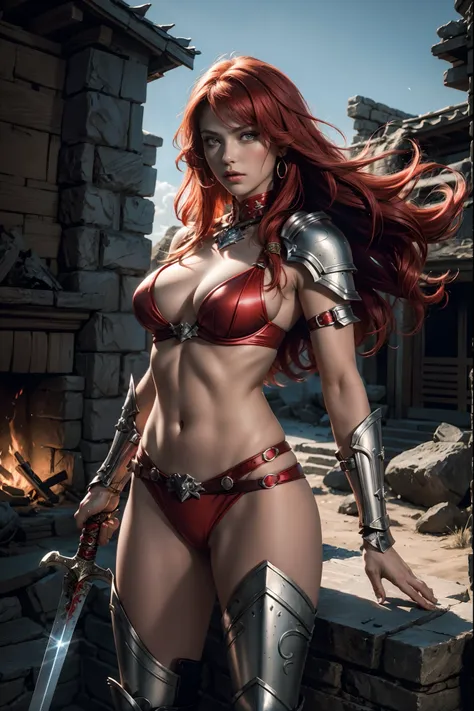 red sonja, she-devil with a sword,illustration,oil painting,medium(1.1),detailed eyes,detailed lips,strong and fierce warrior,beautiful red hair flowing in the wind, bikini-style armor, show a lot of skin, , sharp sword in hand,dimly lit battlefield,bloods...