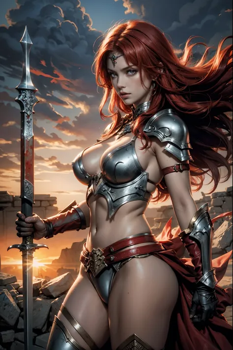 red sonja, she-devil with a sword,illustration,oil painting,medium(1.1),detailed eyes,detailed lips,strong and fierce warrior,beautiful red hair flowing in the wind, bikini-style armor, show a lot of skin, , sharp sword in hand,dimly lit battlefield,bloods...