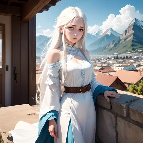 In the background are mountains, a beautiful girl name is Lisa, 18 year old with blue eyes, long white hair, wearing a white tunic is Shocked expression on his face