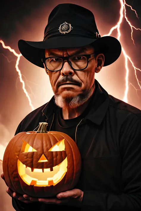 guttojugg1, Creating a prompt based on the rule: A Halloween magazine cover featuring a half-body portrait of a sinister-looking man with glasses, inspired by an 80s villain, holding a Halloween pumpkin head. Behind him, theres a haunted house, a dark nigh...