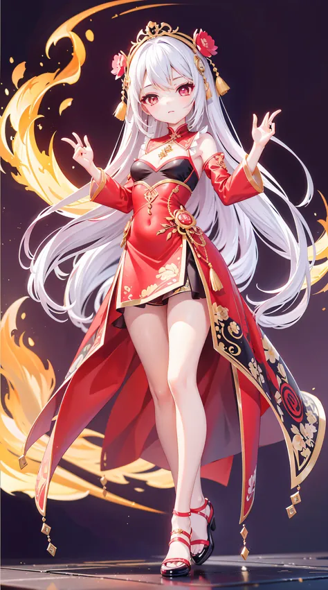 A beautiful and charismatic loli character，Her appearance is very eye-catching。Has long silky hair，And a pair of big bright eyes，Her face is delicate，It gives a gentle and elegant feeling。Additionally，Hellfire background，Fire red dress，thedemongirl，Hellfir...