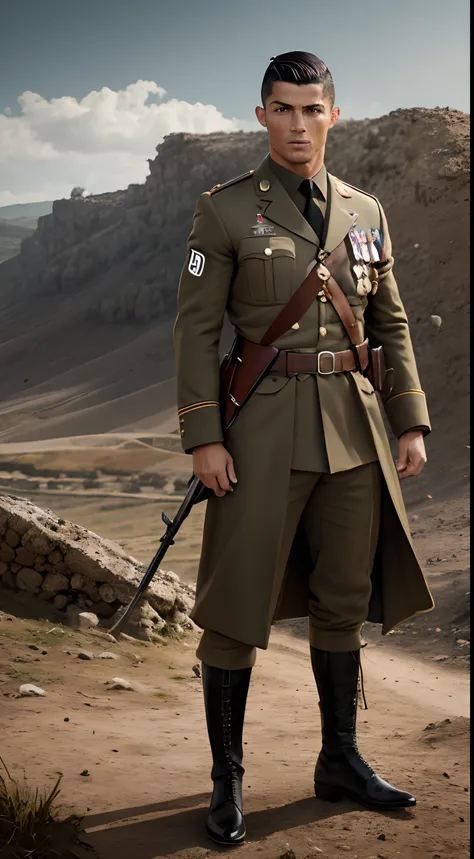 cristiano ronaldo, roupa da segunda guerra mundial, war scenery, posse para foto, roupa de guerra, roupa nazista, 4k