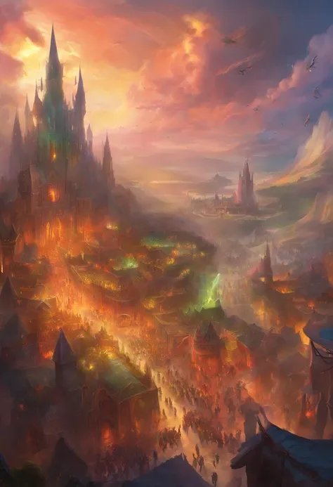 Crowd of orcs, flying demons, rainbows in the sky, city on fire,