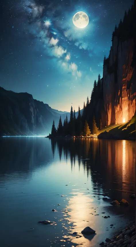 "(best quality,highres:1.2),night sky,serene,majestic moon,historic lake,acrylic paint,by the lake,ancient cliff"