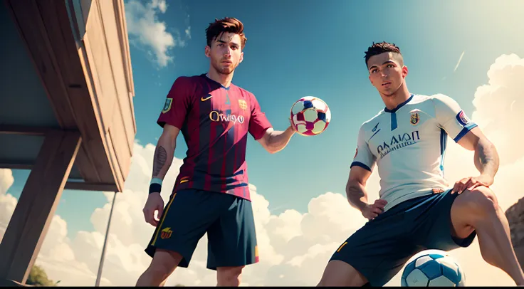 messi et ronaldo avec un ballon de foot, in cartoon mode