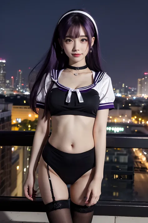 Masterpiece, Best quality, Dusk, full_Moon, Cityscape, Real, Huge_filesize, the wallpaper, Girl, Medium hair, Purple hair, Disheveled hair, Light smile, view the viewer, Small breasts, seifuku, Sailor shirt, white thighhighs, Earrings, Black choker , neckl...