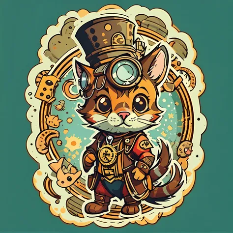 cute cartoon sticker of steampunk animal. vector art style. negative backgroung, 10 colors max, oltined white white border