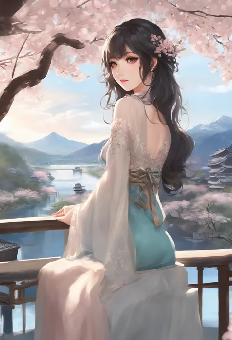 best quality, (masterpiece:1.2), illustration, absurdres, (1girl, solo), (beautiful detailed girl), Lady Hayakawa, black hair, long hair, blue eyes, small breasts, hair ornament, aqua dress, grey boots, distant mountains, cherry trees, cherry blossom, peta...