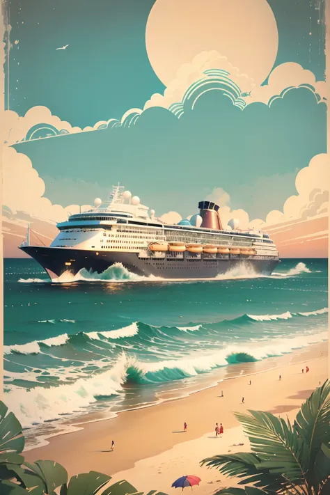 Generate a vintage-inspired travel poster featuring a fictional destination called Azure Haven. Capture the essence of a romantic, mid-20th century coastal town with colorful parasols lining the sandy beach, a vintage cruise ship in the distance, and a sof...