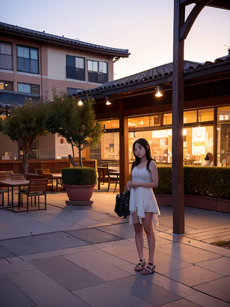 A woman stands in a courtyard with tables and benches, , Late Summer Nights, jaeyeon nam, Summer evening, 30 year old female, 3 0 years old woman, at the sunset, standing in a city center, taken in the early 2020s, with sunset, during night, Shiori Teshiro...