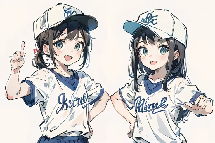 2 Children、Half Up Girl、Bobcat Girl、White Baseball Cap、School gym clothes、A smile、simple background