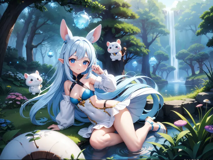 There are small white rabbits with carrots and long ears,  White long ears、Im with a girl with long blue hair and a chibi character。It is a cute white and blue costume。Dark eyes。cute forest creature, Cute mushrooms also grow、Adorable Digital Painting, cute...