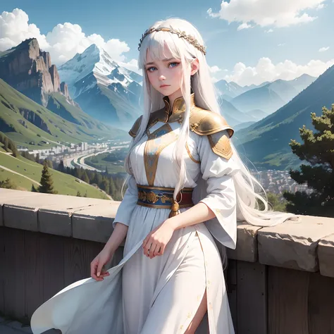 In the background are mountains, a beautiful girl name is Lisa, 18 year old with blue eyes, long white hair, wearing a white tunic is sad, As emperor