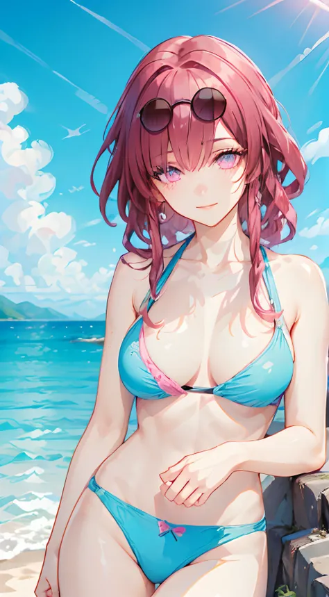 (best quality,ultra-detailed:1.5),(Detailed eyes:1.5),beach, waves, sandy shore, summer, sun, palm trees, seagulls, bikini, sunglasses, sea breeze, bright colors, joyful, relaxed, wide smile, playful, happy posture, ocean view, tropical, vibrant, anime sty...