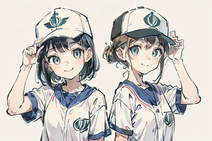 2 children、Commemorative photo、Half Up Girl、Bobcat Girl、White Baseball Cap、School gym clothes、A smile、simple background