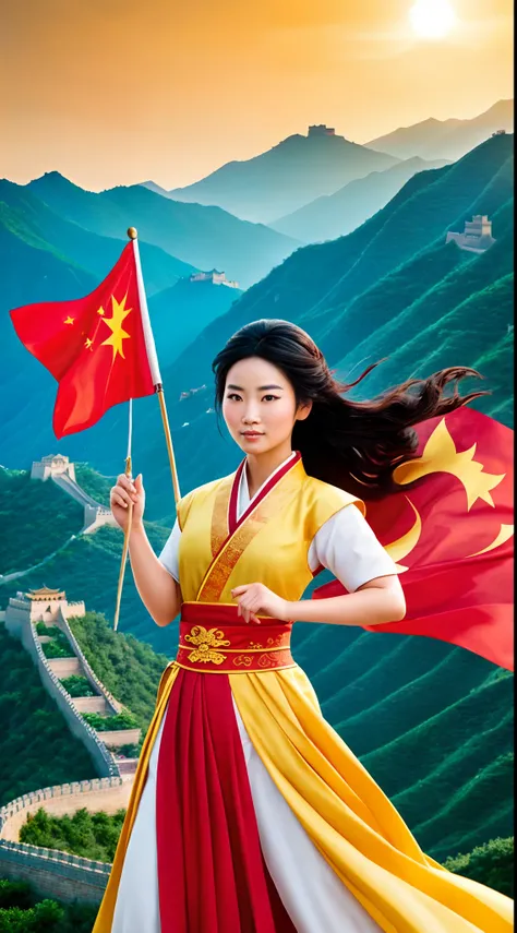 Visualize a heroic and culturally rich scene where Disney Princess Mulan proudly stands beside the flag of China. Mulan, renowned for her courage and determination, is dressed in her iconic warrior attire and holds the Chinese flag with deep reverence. In ...