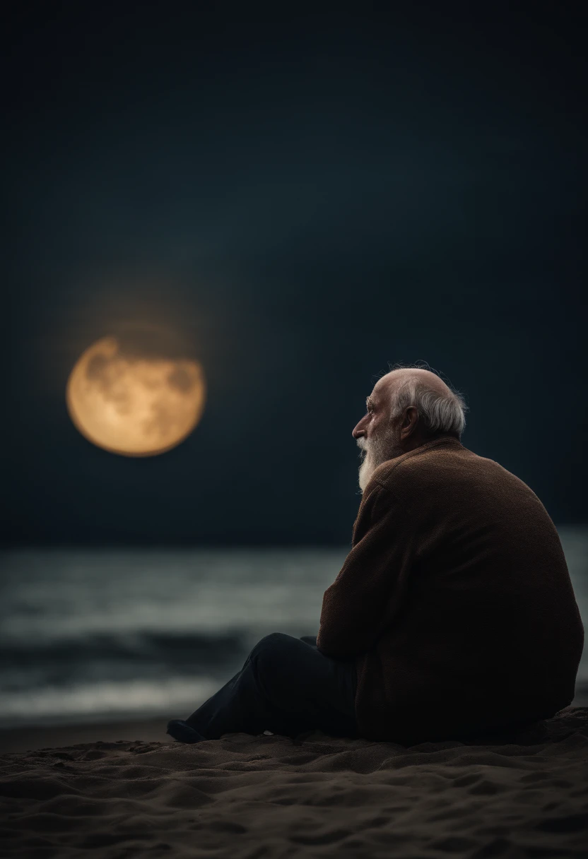 potrait of a 23 old man , in depression facial epression. watching down the moon the the sea sore with the wave infront of him...moon on the sky.