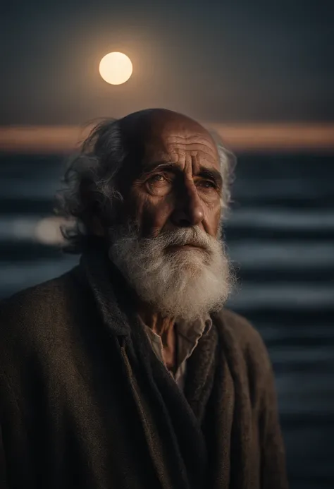 potrait of a 23 old man , in depression facial epression. watching down the moon the the sea sore with the wave infront of him...moon on the sky.