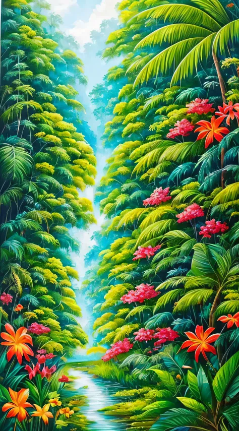 Acrylic painting with translucent glazes, gloss: A paradise of greenery and life, where colorful birds and butterflies flutter among the vibrant flowers and towering trees of the tropical rainforest. --auto