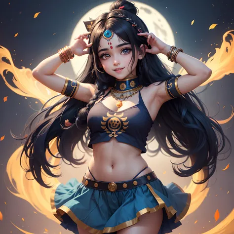 Anime sanatani hindu girl, face: cuteness and smiling with lord Shiva sign on her head and written Radhe Radhe on her chiks, eyes: cute and blue colour, clothes: modern clothes blue colour, hair: half black and half blue with best hairstyle, background: da...