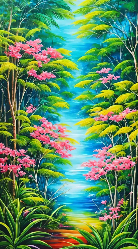 Acrylic painting with translucent glazes, gloss: A paradise of greenery and life, where colorful birds and butterflies flutter among the vibrant flowers and towering trees of the tropical rainforest. --auto