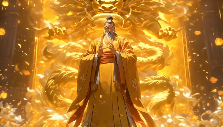 China-style，A Taoist priest stands in front of a huge transparent golden statue，Stretch your hands，Glow effects，8K，super-fine，tmasterpiece，high qulity