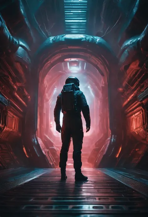 a small figure of a man in a giant huge gloomy spaceship hall in the style of the movie aliens