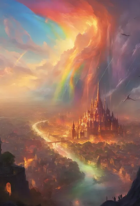 Rainbow, rainbows over city, city, city on fire, orcs, crowd of orcs,