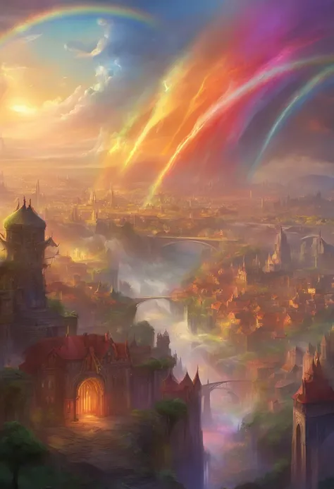 Rainbow, rainbows over city, city, city on fire, orcs, crowd of orcs,