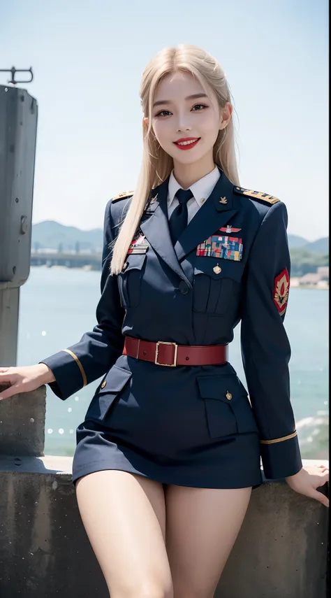 best quality, 4k, 8k, Beautiful Girl, Korean makeup, Red lips, Platinum hair, smiling, clear face, thigh, Perfect body, medium chest, Military attire, 2nd World War Costume, WW2, Military blue outfit, Military View,