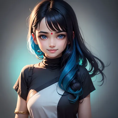 Anime sanatani hindu girl, face: cuteness and smiling with tribhoot third eye on her head and written Radhe Radhe on her chiks, eyes: cute and blue colour, clothes: modern clothes blue colour, hair: half black and half blue with best hairstyle, background:...