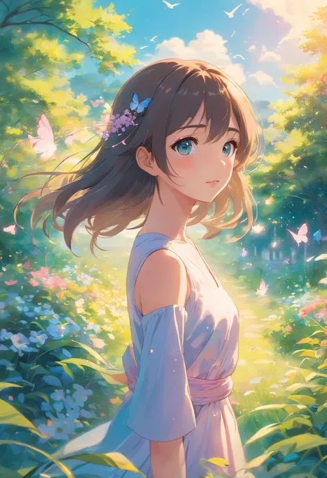 vivid colors,dream-like,soft lighting,ethereal atmosphere,beautiful detailed eyes,beautiful detailed lips,extremely detailed eyes and face,longeyelashes,soft and flowing hair,peaceful expression,loose flowing dress,standing in a blooming garden with colorf...