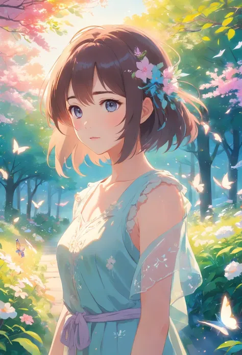 vivid colors,dream-like,soft lighting,ethereal atmosphere,beautiful detailed eyes,beautiful detailed lips,extremely detailed eyes and face,longeyelashes,soft and flowing hair,peaceful expression,loose flowing dress,standing in a blooming garden with colorf...