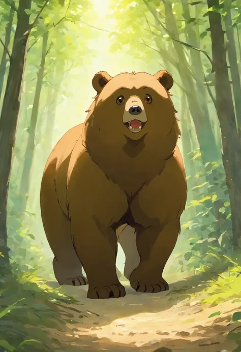 A brown bear walking from right to left on a dirt ground, with its gaze slightly upward as if looking at an object high up

Materials: Paint on canvas

Additional details: 
- Dense forest in the background
- Sunlight filtering through the trees, casting da...