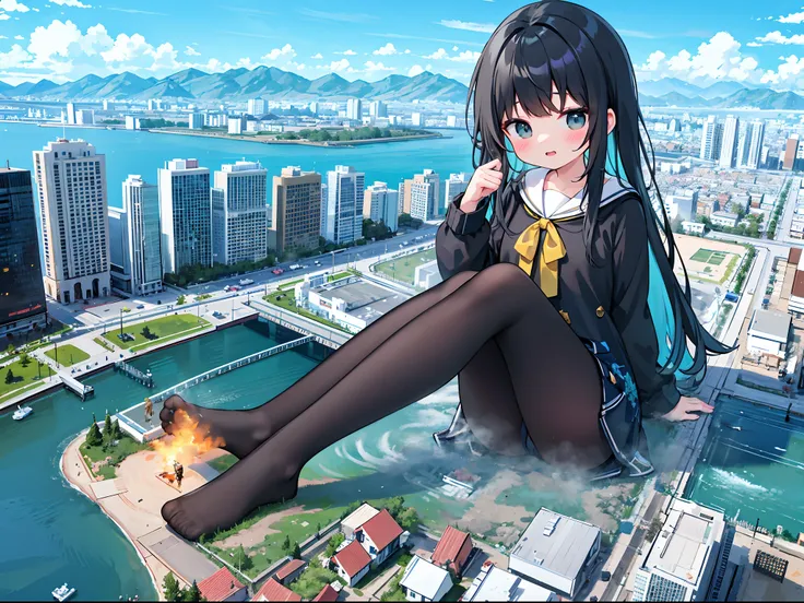 1girll,，Clouds， view over city， mountain ranges， Masterpiece, Best quality, Highly detailed,Masterpiece,Best quality,offcial art,Extremely detailed Cg Unity 8K wallpaper，{{{Giantess}}}，Giant，1girll，{Black stockings}，modern miniature city，A cold expression，...